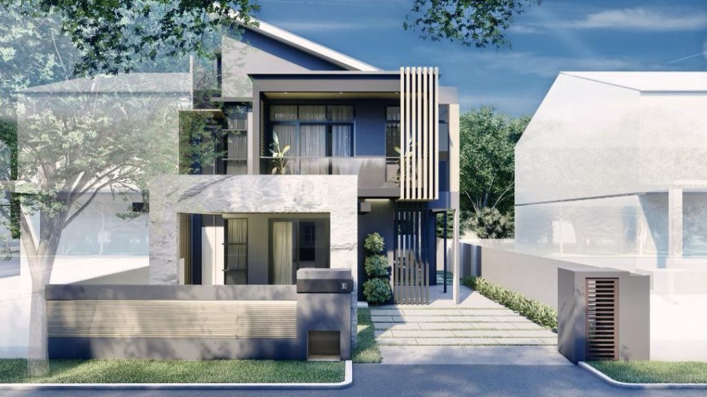 Residential facade design with modern architecture and lush greenery in Greenlane Penang