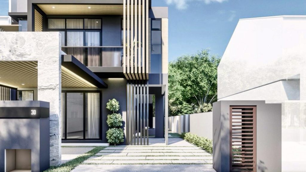 Residential facade design with modern architecture and lush greenery in Greenlane Penang