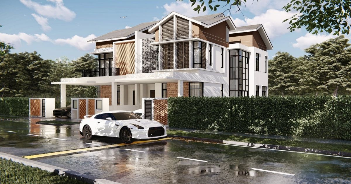 Dizygotic semi-detached houses project with unique design and tropical greenery
