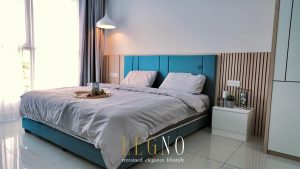 A serene bedroom with a calming color palette and minimalist design