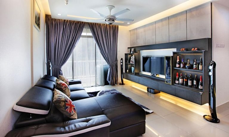 A stylish and functional living room with a well-designed layout and ample storage