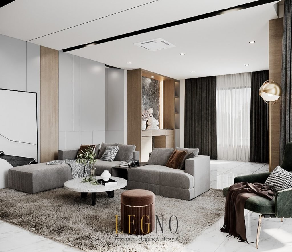 A stylish and functional living room with a well-designed layout and ample storage