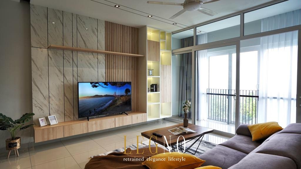 Full-height glass balcony with sheer curtains and greenery views in a LEGNO living room