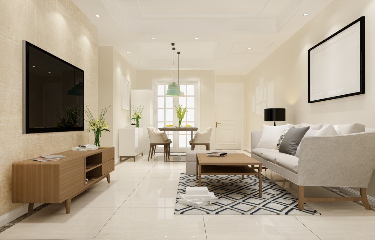 3D rendering of a modern dining and living room concept designed by LEGNO to visualise the design direction before construction