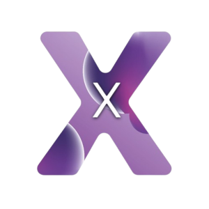 Purple X logo with smaller white x on white background.