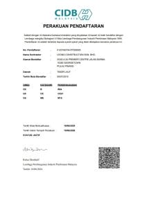 CIDB Malaysia Grade G5 contractor licence certificate for Legno ID & Construction