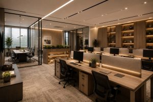 Modern office interior with meeting room, workstations, and natural accents.