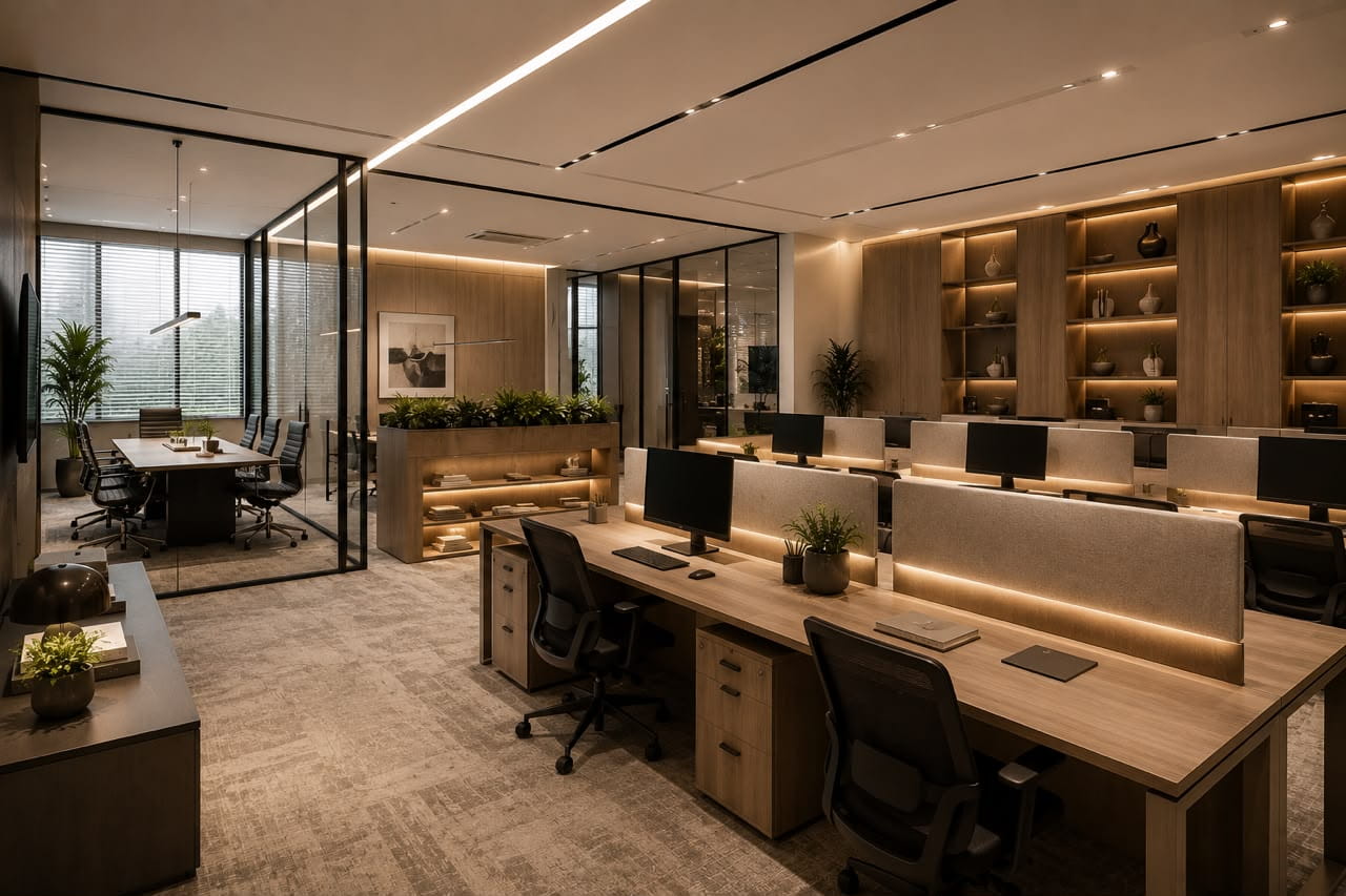 Modern office interior with meeting room, workstations, and natural accents.