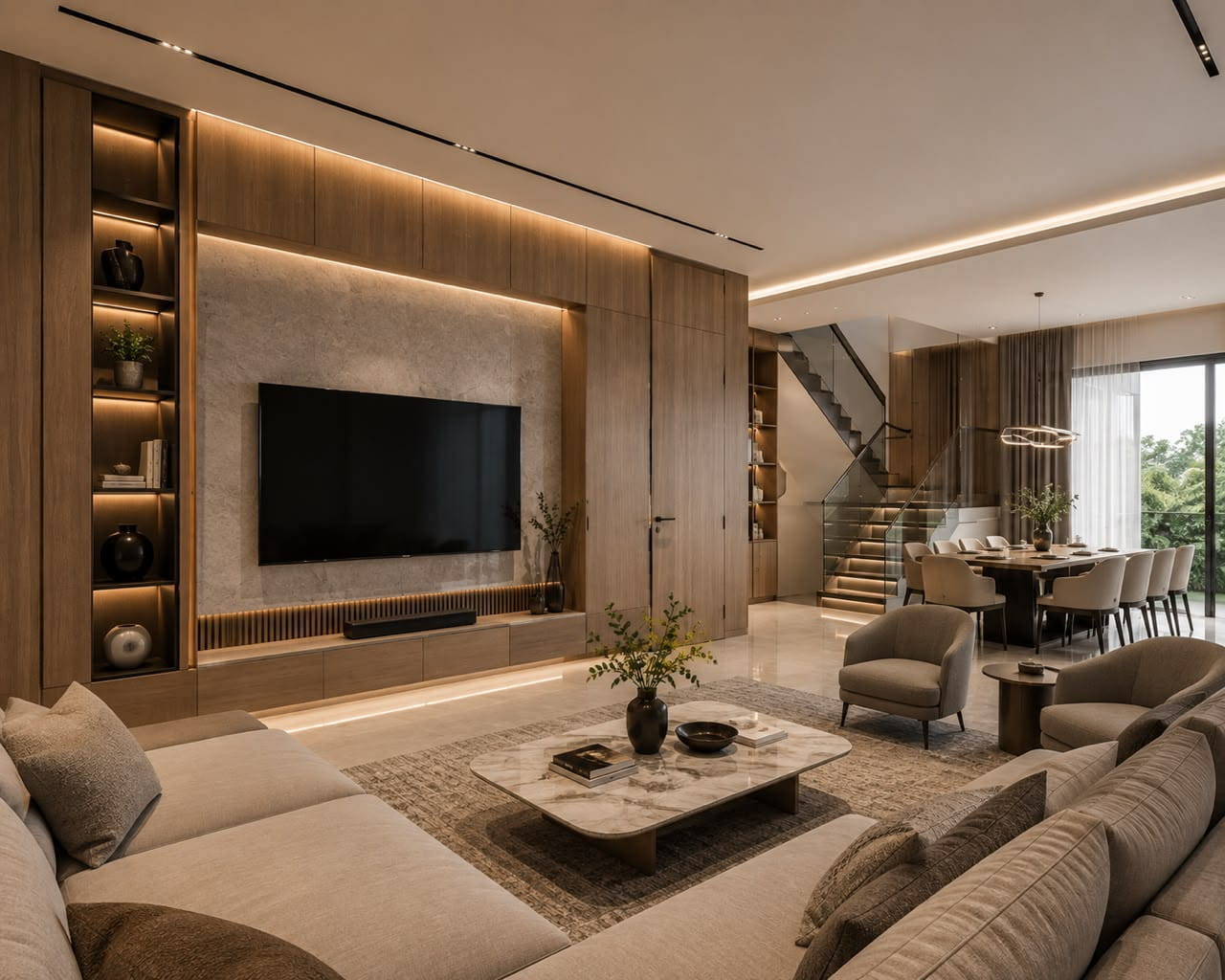 Modern open-concept living room with dining area and staircase.