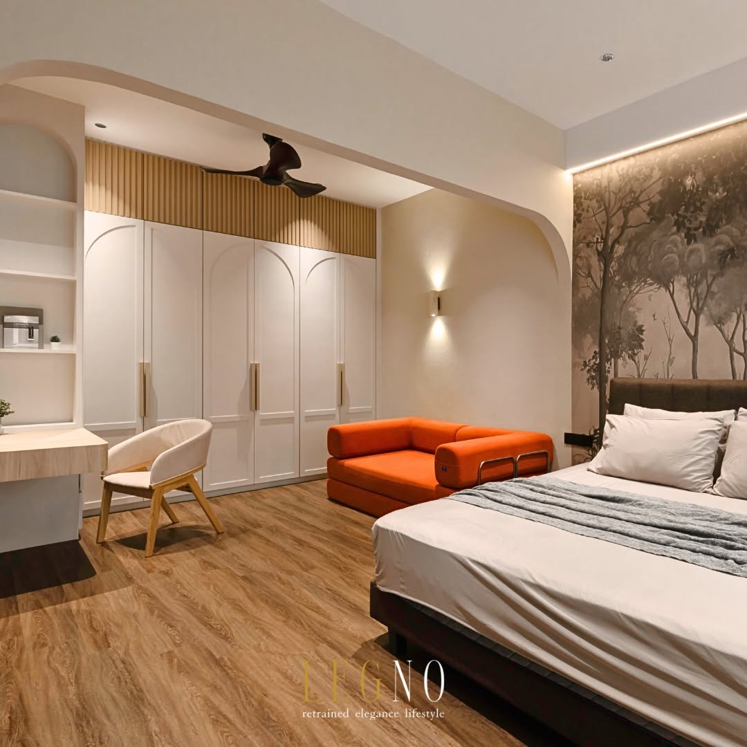 Master bedroom with arched wardrobe doors, forest mural headboard wall and warm vinyl flooring in Penang